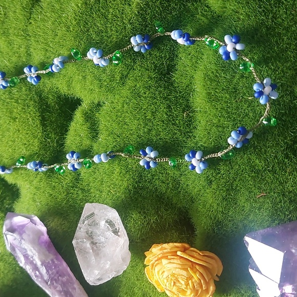 Hand Crafted Dainty Floral Necklace, Blues, 18 Inch, By Rust Belt Raised - Picture 7 of 12